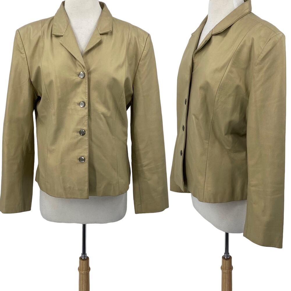 Vintage Leather Jacket Single Breasted Button Down Collared Beige Womens Large
